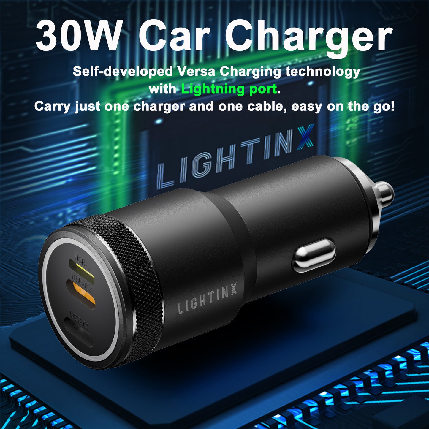 LightinX Versa Tech PD3.1 30W 3-Port Lightning USB-C Fast Charging Car Charger Black