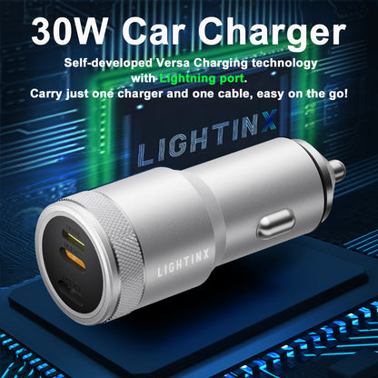 LightinX Versa Tech PD3.1 30W 3-Port Lightning USB-C Fast Charging Car Charger Silver