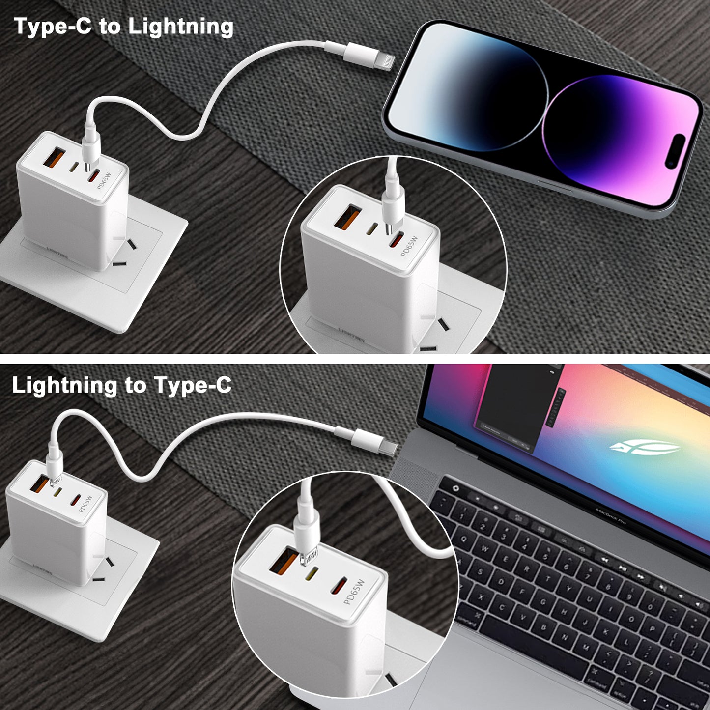 LightinX Versa Tech PD3.1 65W 3-Port Lightning USB-C USB-A Fast Charging GaN Charger PPS White