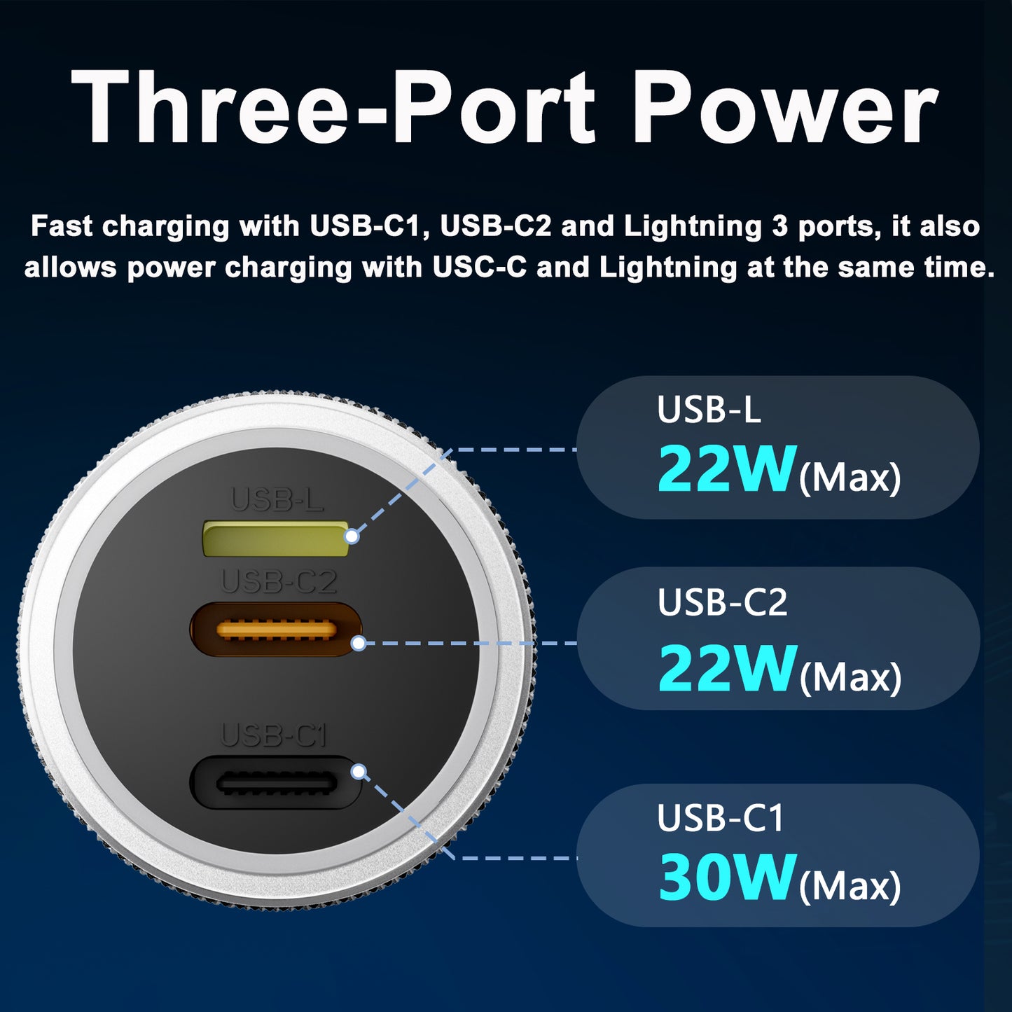 LightinX Versa Tech PD3.1 30W 3-Port Lightning USB-C Fast Charging Car Charger Silver