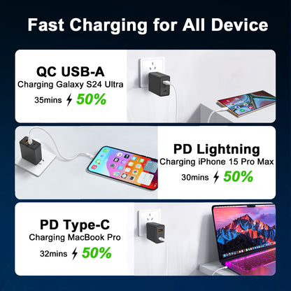 LightinX Versa Tech PD3.1 65W 3-Port Lightning USB-C USB-A Fast Charging GaN Charger PPS Black