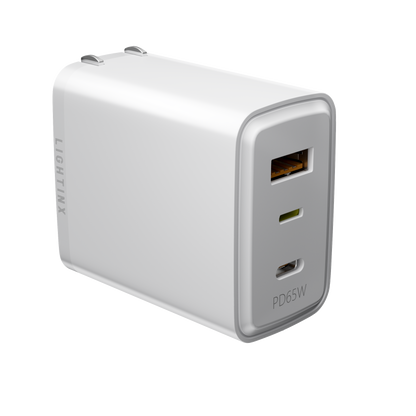 LightinX Versa Tech PD3.1 65W 3-Port Lightning USB-C USB-A Fast Charging GaN Charger PPS White