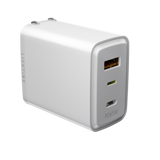 LightinX Versa Tech PD3.1 65W 3-Port Lightning USB-C USB-A Fast Charging GaN Charger PPS White