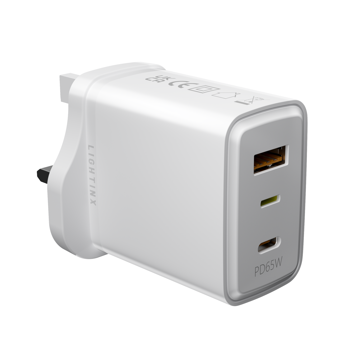 LightinX Versa Tech PD3.1 65W 3-Port Lightning USB-C USB-A Fast Charging GaN Charger PPS White