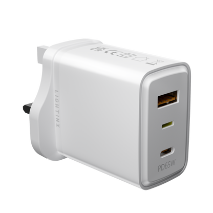 LightinX Versa Tech PD3.1 65W 3-Port Lightning USB-C USB-A Fast Charging GaN Charger PPS White